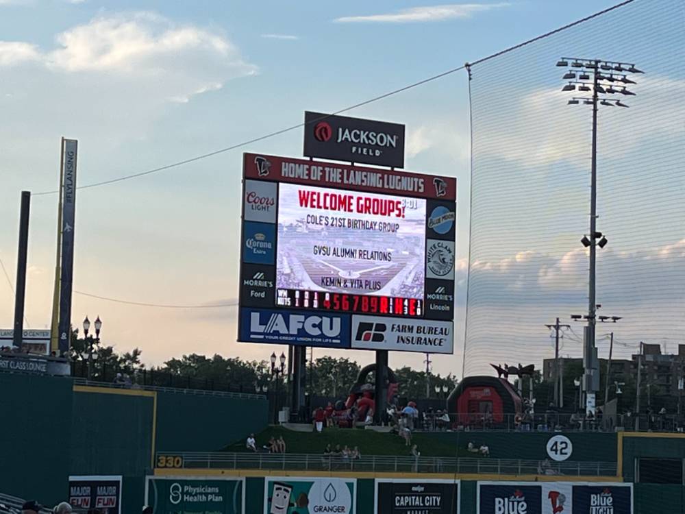 Alumnus Cole's 21st birthday at the Lansing Lugnuts game.